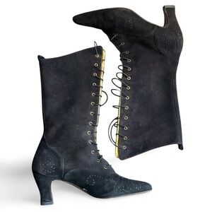 Vintage Escada Black Victorian Witch Granny Suede Lace-Up Boots Size 7.5